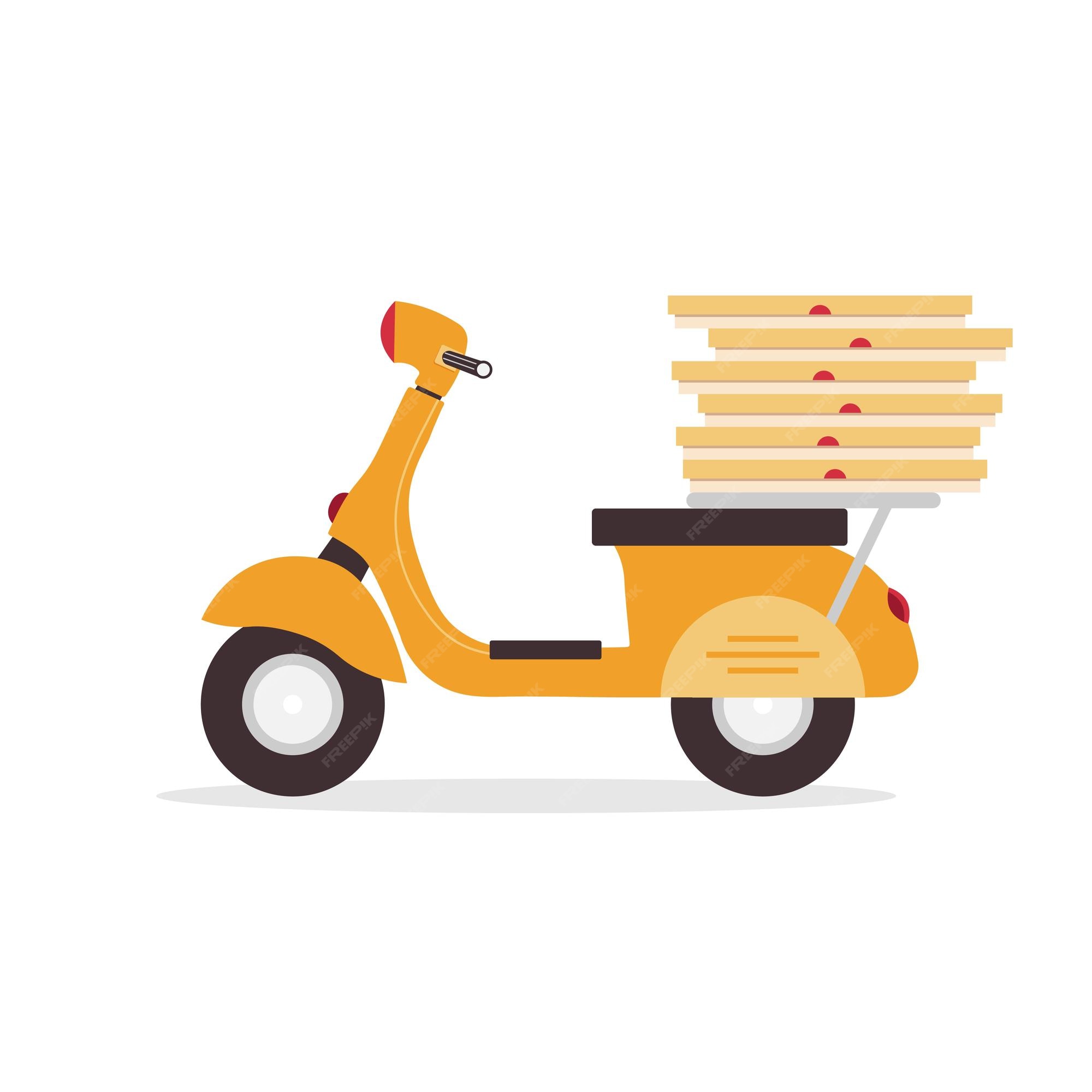 Entrega de comida pizza delivery scooter com caixas para ilustração vetorial de pizza | Vetor Premium